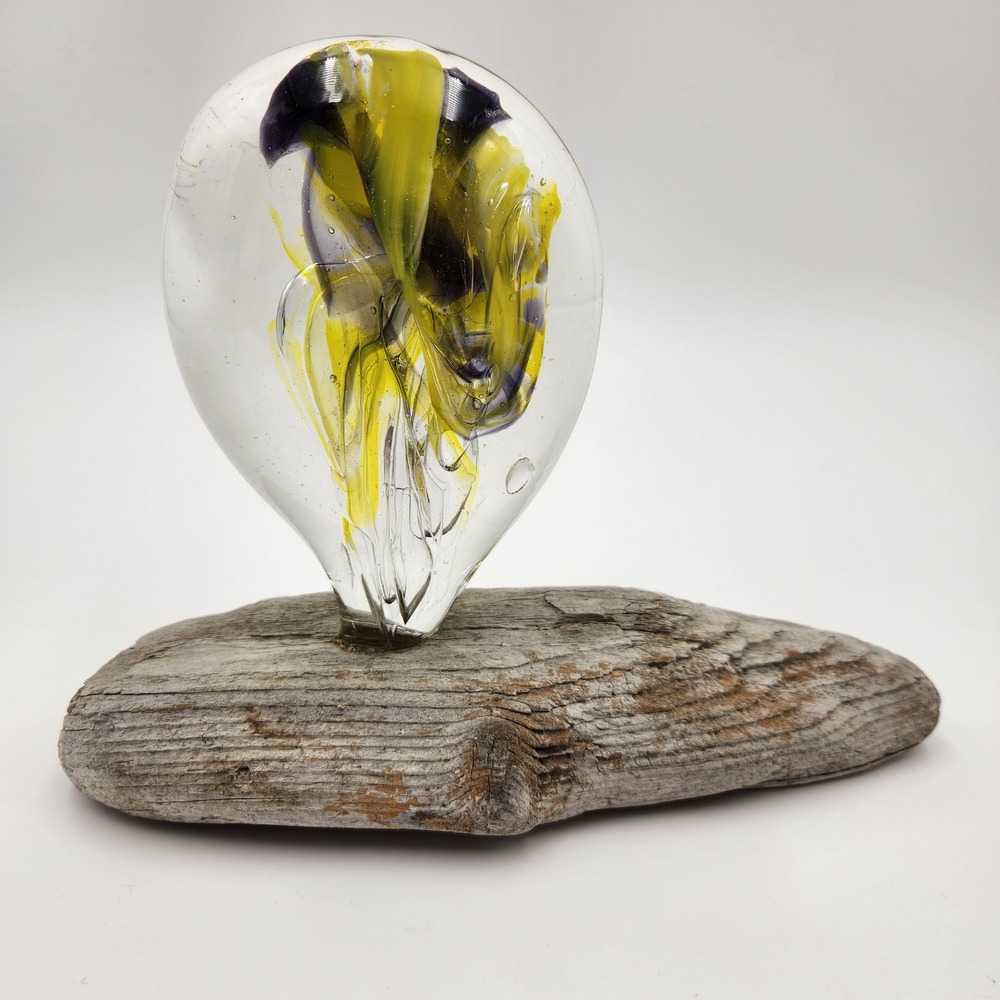 Studio‎ Blown Art Glass Driftwood Sculpture Artist Signed Flame Yellow Coastal
